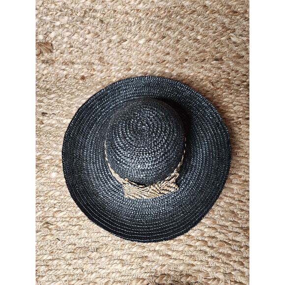 Women's Aztec Black Brown Bow Band Straw Beach Sun Panama Church Hat - Picture 4 of 7